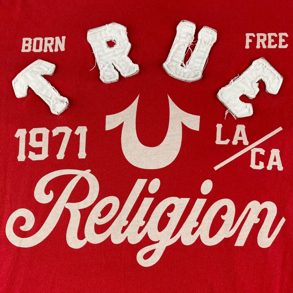 True Religion Mens XXL T Shirt Red Born True Free 1971 Made USA Distressed Logo